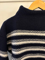 Cream Merino Mock Neck Jumper with Navy Stripe | Fisherman Out of Ireland