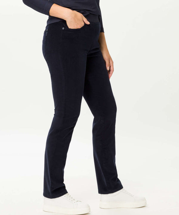 Pamina Navy Corduroy Pull-On Trousers | Brax at Sarah Thomson Melrose | Side profile on model