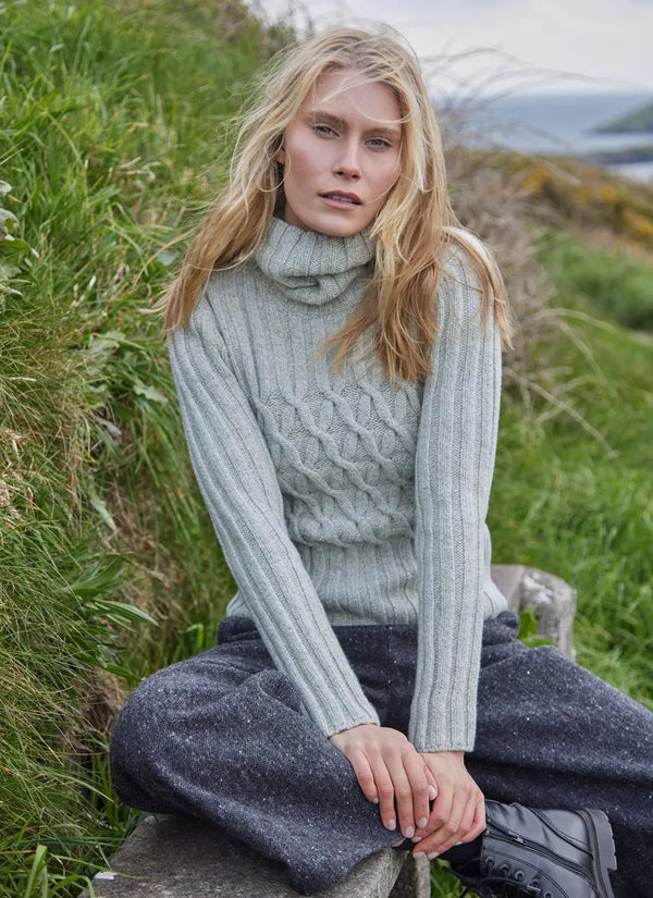 Cable Polo Neck Cream Cloud Jumper | Fisherman Out of Ireland at Sarah Thomson Melrose