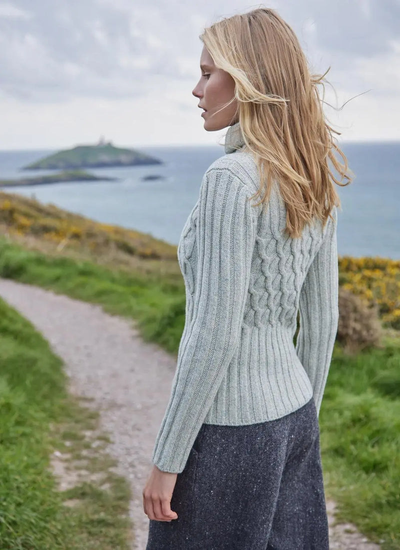 Cable Polo Neck Cream Cloud Jumper | Fisherman Out of Ireland at Sarah Thomson Melrose | On model