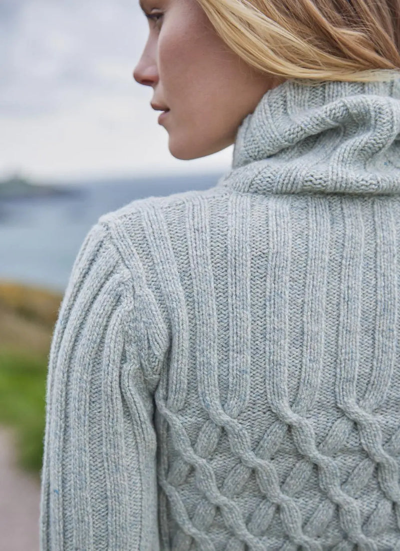 Cable Polo Neck Cream Cloud Jumper | Fisherman Out of Ireland at Sarah Thomson Melrose | New season knitwear details