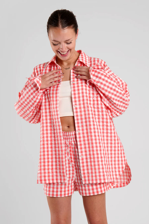 Yew Gingham Ethical-Cotton Pyjama Shirt in Canyon Peach | Peachaus