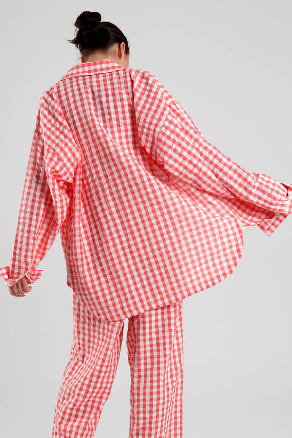 Yew Gingham Ethical-Cotton Pyjama Shirt in Canyon Peach | Peachaus