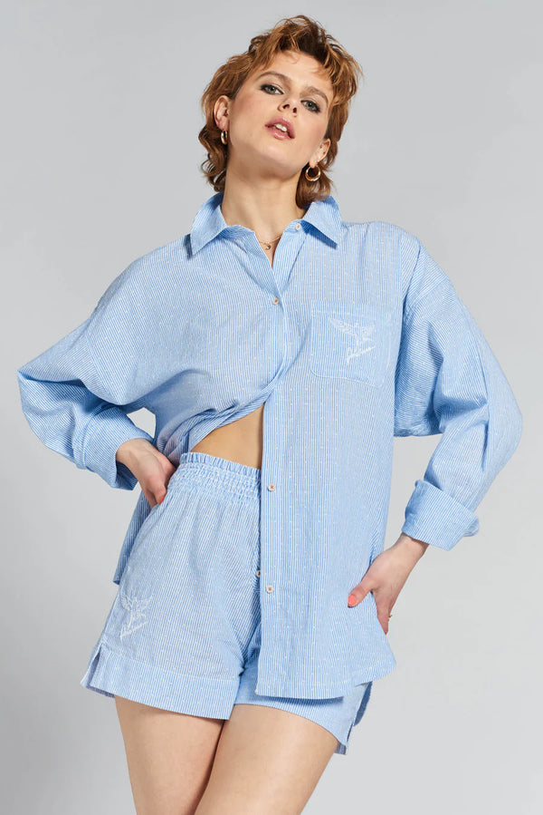 Yew Striped Ethical-Cotton Pyjama Shirt in Mountain Blue | Peachaus