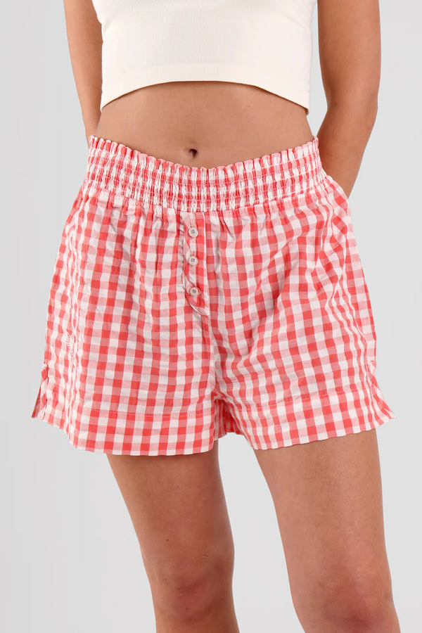 Lomandra Gingham Ethical-Cotton Pyjama Shorts in Canyon Peach | Peachaus