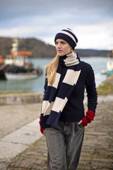 SI622Z Yoke Cabled Navy Jumper | Fisherman Out of Ireland at Sarah Thomson | Styled with scarf and hat