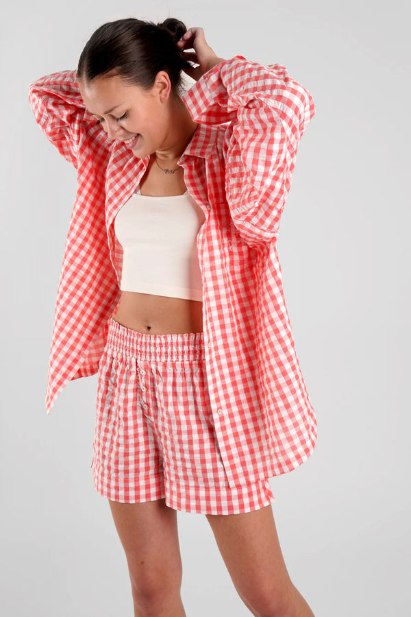 Lomandra Gingham Ethical-Cotton Pyjama Shorts in Canyon Peach | Peachaus