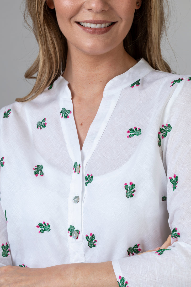 The Embroidered Cactus Linen Shirt | Sartoria Saracena at Sarah Thomson | Detail image of embroidery