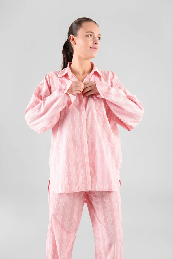 Yew Striped Ethical-Cotton Pyjama Shirt in Sunset Peach | Peachaus