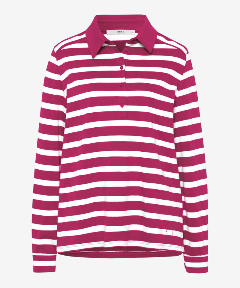 Pink and white striped Cloe Long Sleeve Striped Polo Shirt | Brax at Sarah Thomson 
