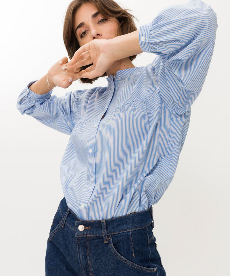 Viv Striped Cotton Shirt | Brax at Sarah Thomson | Fabric details on model