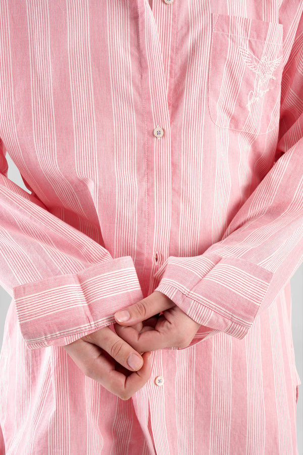 Yew Striped Ethical-Cotton Pyjama Shirt in Sunset Peach | Peachaus