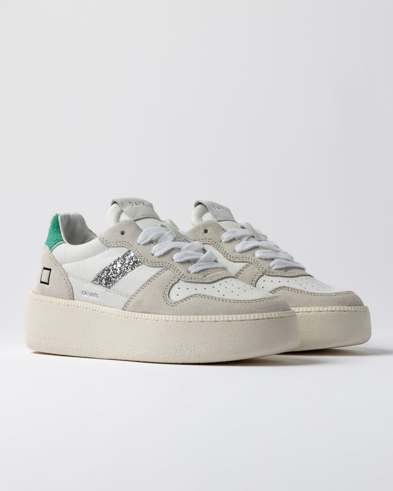 Platform Court White, Green and Glitter Trainers | D.A.T.E Sneakers