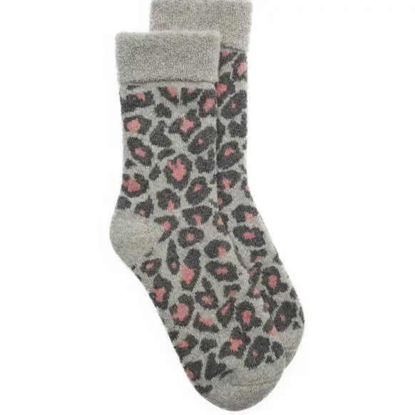 Grey and Pale Pink Leopard Slipper Socks | Somerville