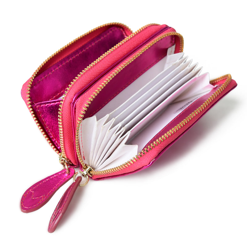 Ava Fuchsia Metallic Leather Mini Double Zip Purse | Bell & Fox at Sarah Thomson Melrose | Shown open with compartments