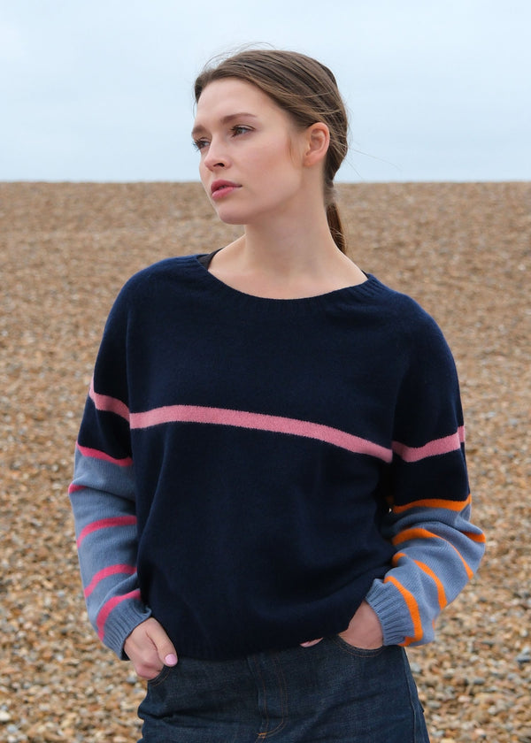 Raglan Jumper with Contrasting Stripe Sleeves in Harlequin colours | Quinton + Chadwick