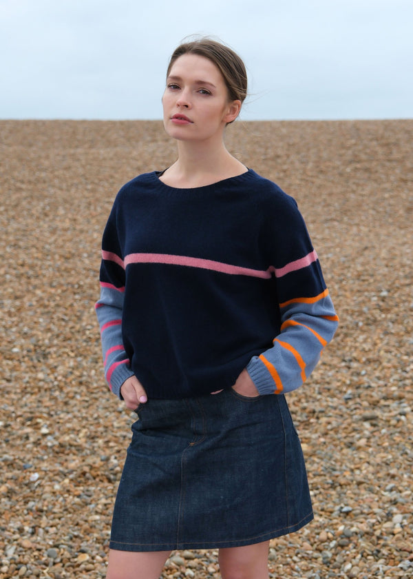 Raglan Jumper with Contrasting Stripe Sleeves in Harlequin colours | Quinton + Chadwick