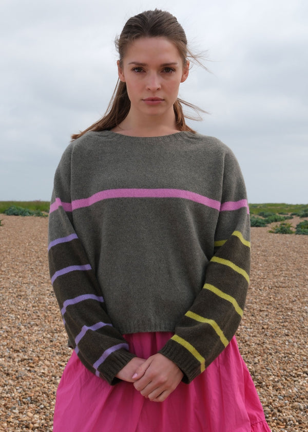 Raglan Jumper with Contrasting Stripe Sleeves in Cochineal colours | Quinton + Chadwick