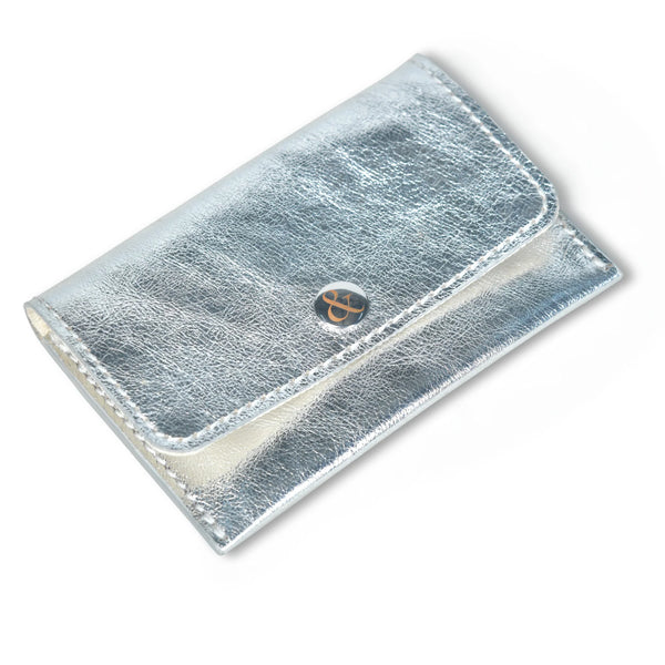 ELLIE Silver Metallic Leather Popper Card Holder Purse | Bell & Fox