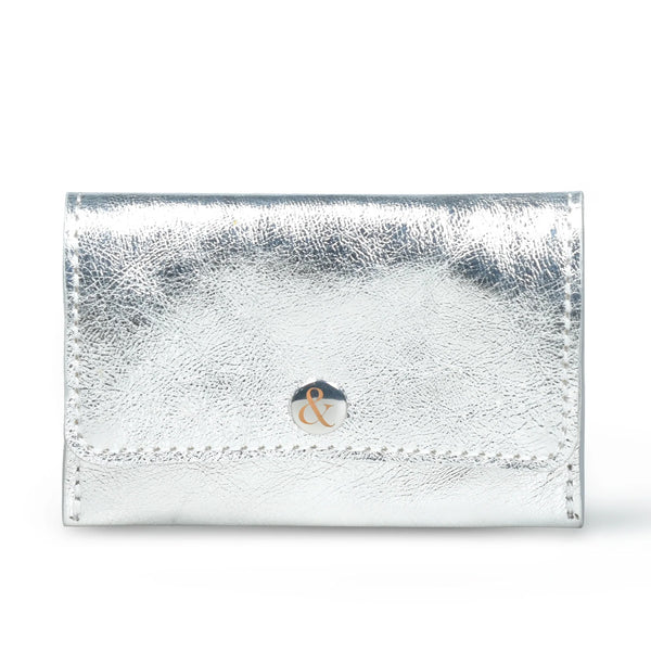 ELLIE Silver Metallic Leather Popper Card Holder Purse | Bell & Fox