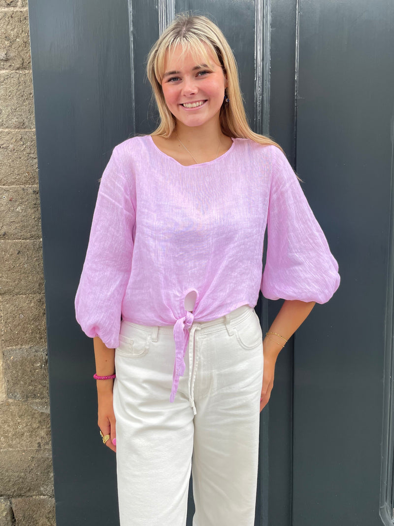 The Emily Pink Tie Front Linen Top | Sartoria Saracena