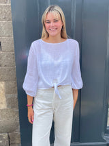 The Emily White Tie Front Linen Top | Sartoria Saracena