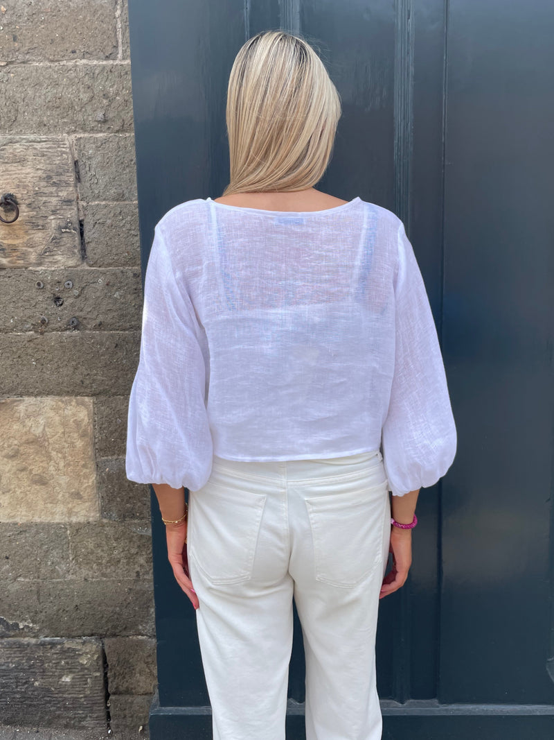 The Emily White Tie Front Linen Top | Sartoria Saracena