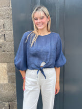 The Emily Navy Tie Front Linen Top | Sartoria Saracena