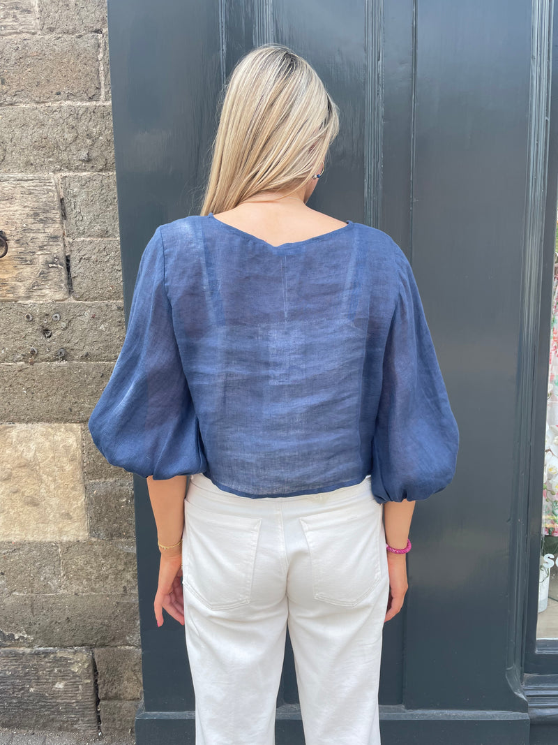 The Emily Navy Tie Front Linen Top | Sartoria Saracena