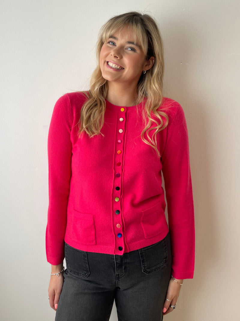 Barbie Pink Cashmere Cardigan with Velvet Buttons | Esthēme Cachemire