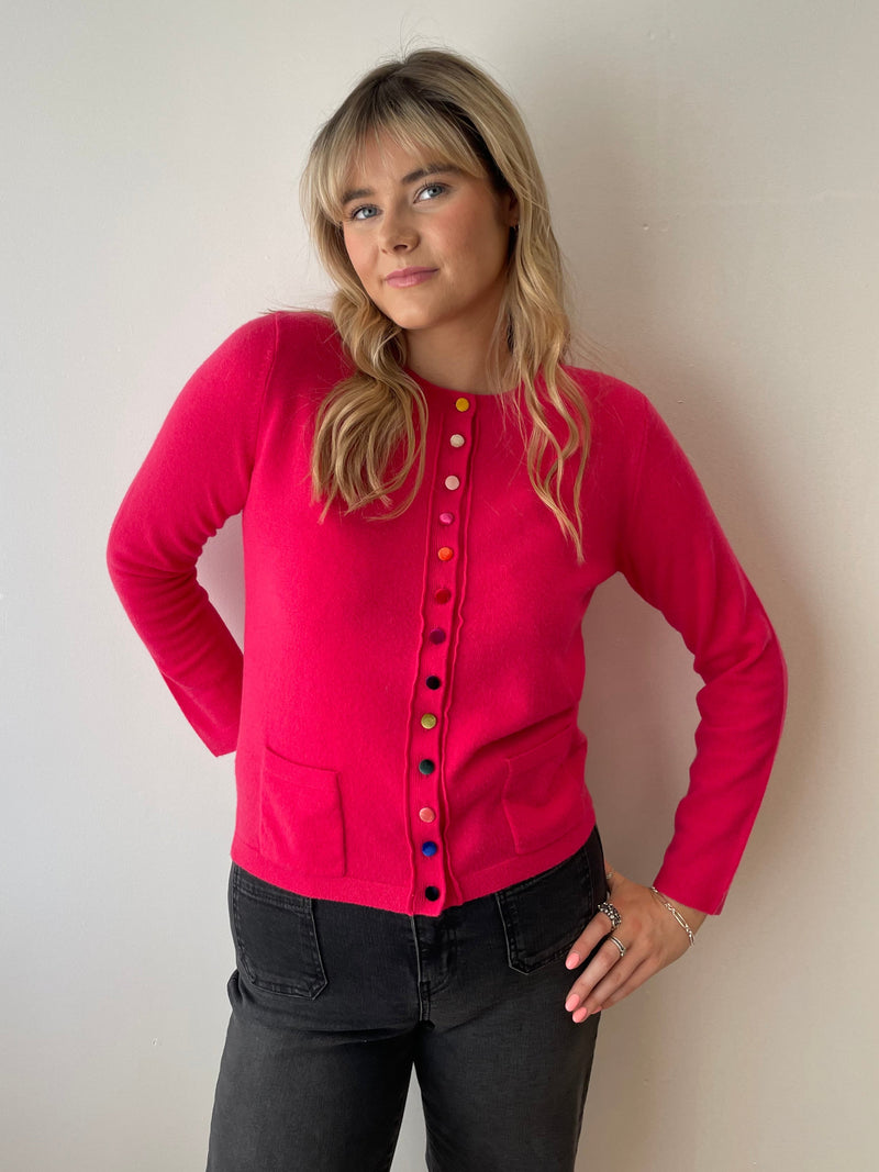Barbie Pink Cashmere Cardigan with Velvet Buttons | Esthēme Cachemire