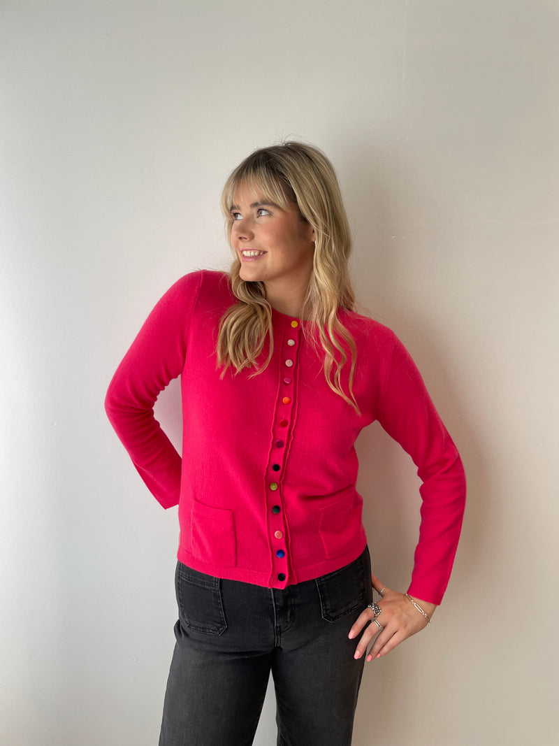 Barbie Pink Cashmere Cardigan with Velvet Buttons | Esthēme Cachemire