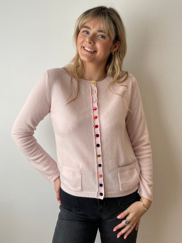 Baby Pink Cashmere Cardigan with Velvet Pockets | Esthēme Cachemire