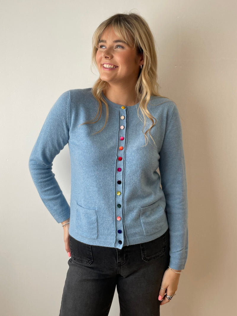 Mineral Blue Cashmere Cardigan with Velvet Buttons | Esthēme Cachemire
