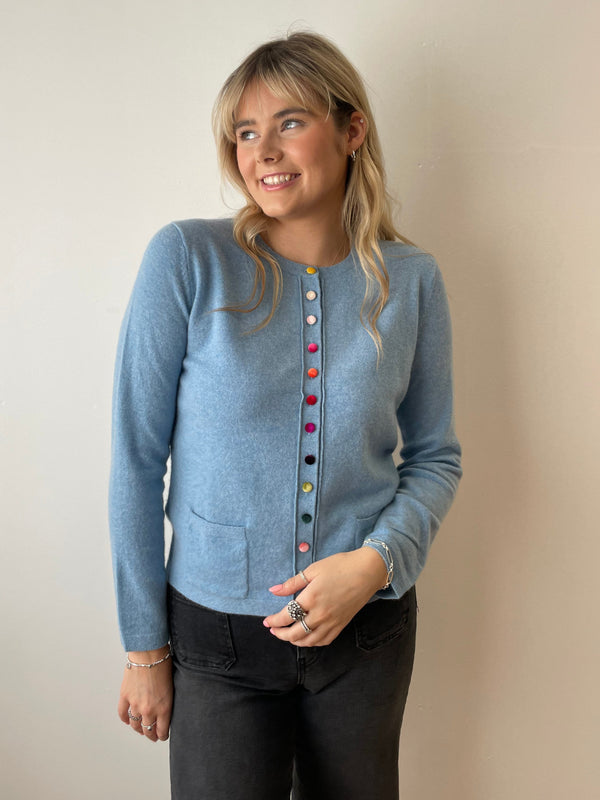 Mineral Blue Cashmere Cardigan with Velvet Buttons | Esthēme Cachemire