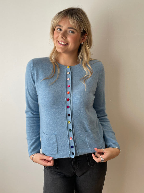 Mineral Blue Cashmere Cardigan with Velvet Buttons | Esthēme Cachemire