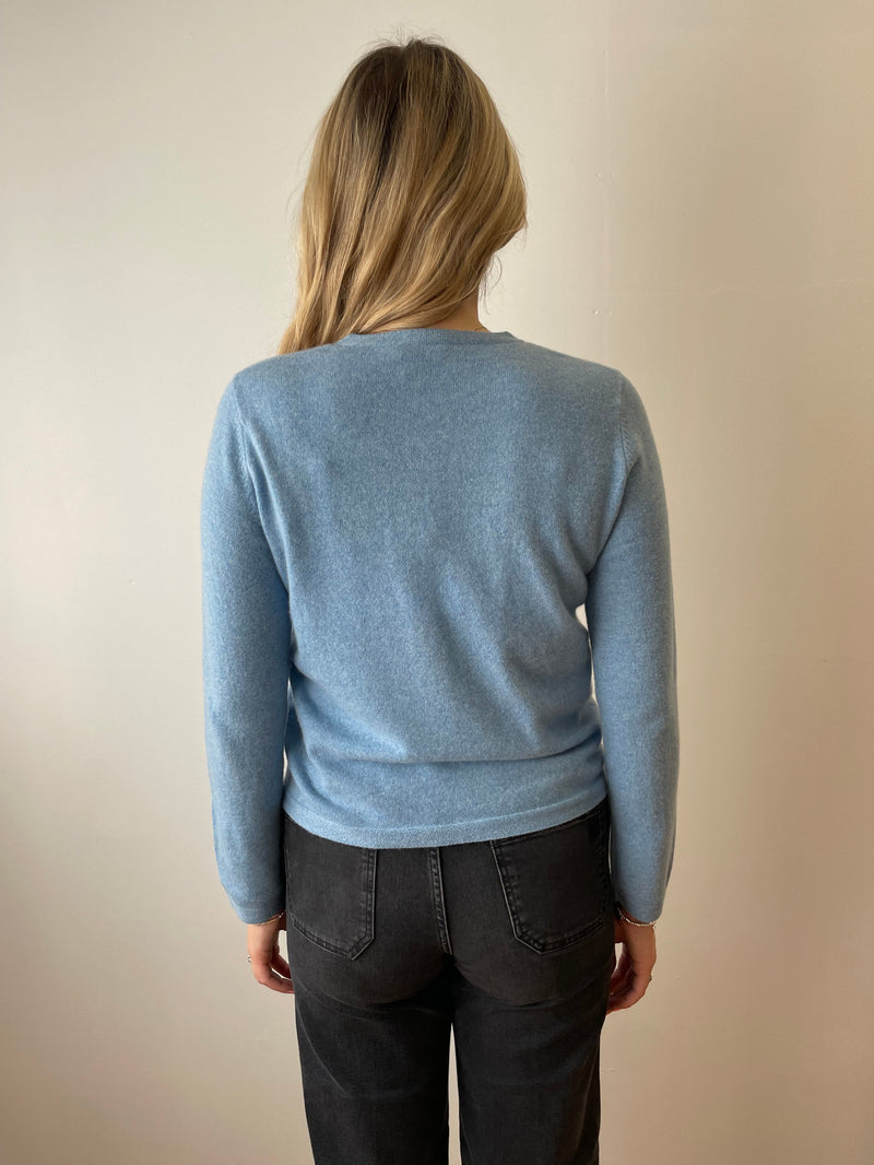 Mineral Blue Cashmere Cardigan with Velvet Buttons | Esthēme Cachemire
