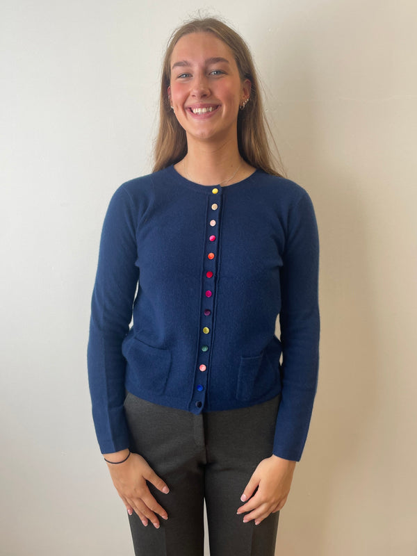Dark Denim Cashmere Cardigan with Velvet Buttons | Esthēme Cachemire