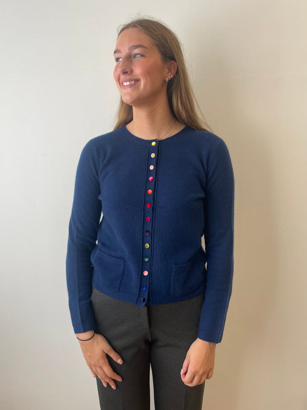 Dark Denim Cashmere Cardigan with Velvet Buttons | Esthēme Cachemire