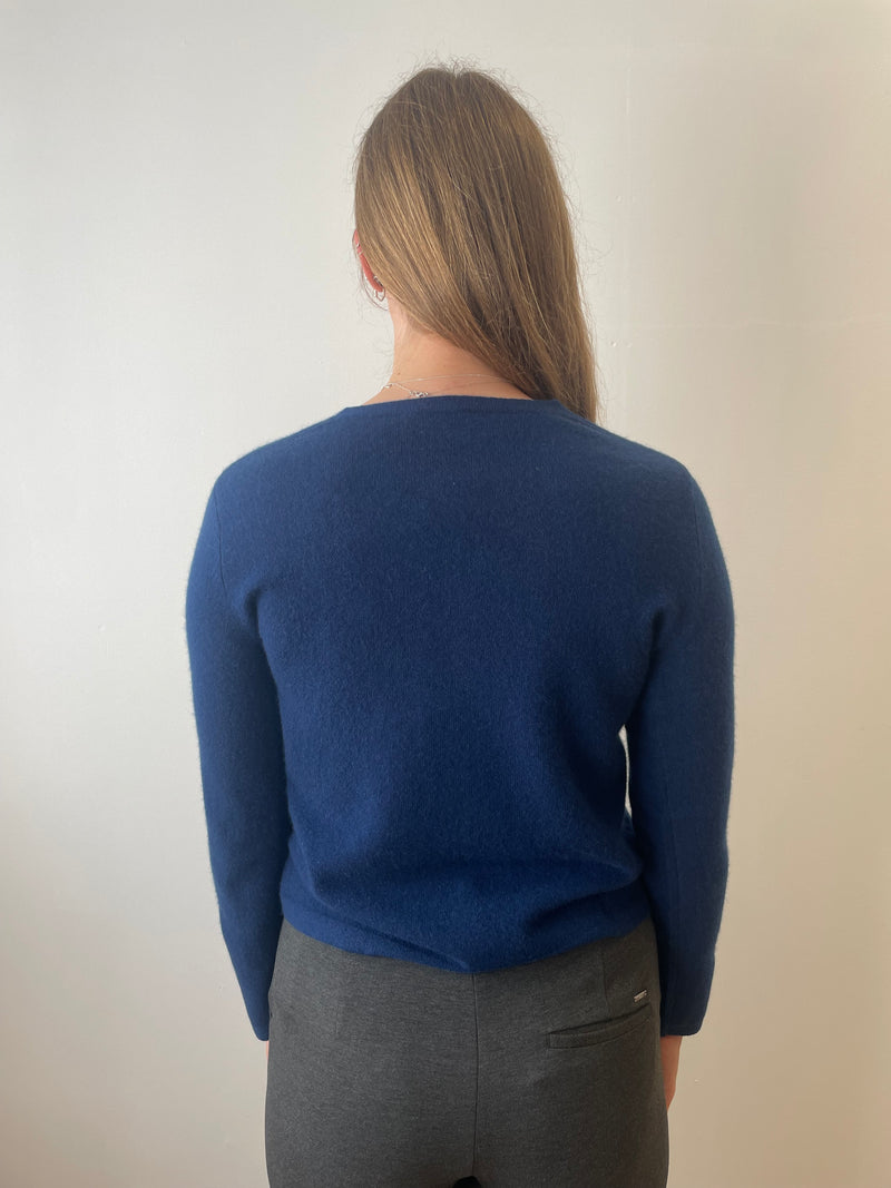 Dark Denim Cashmere Cardigan with Velvet Buttons | Esthēme Cachemire