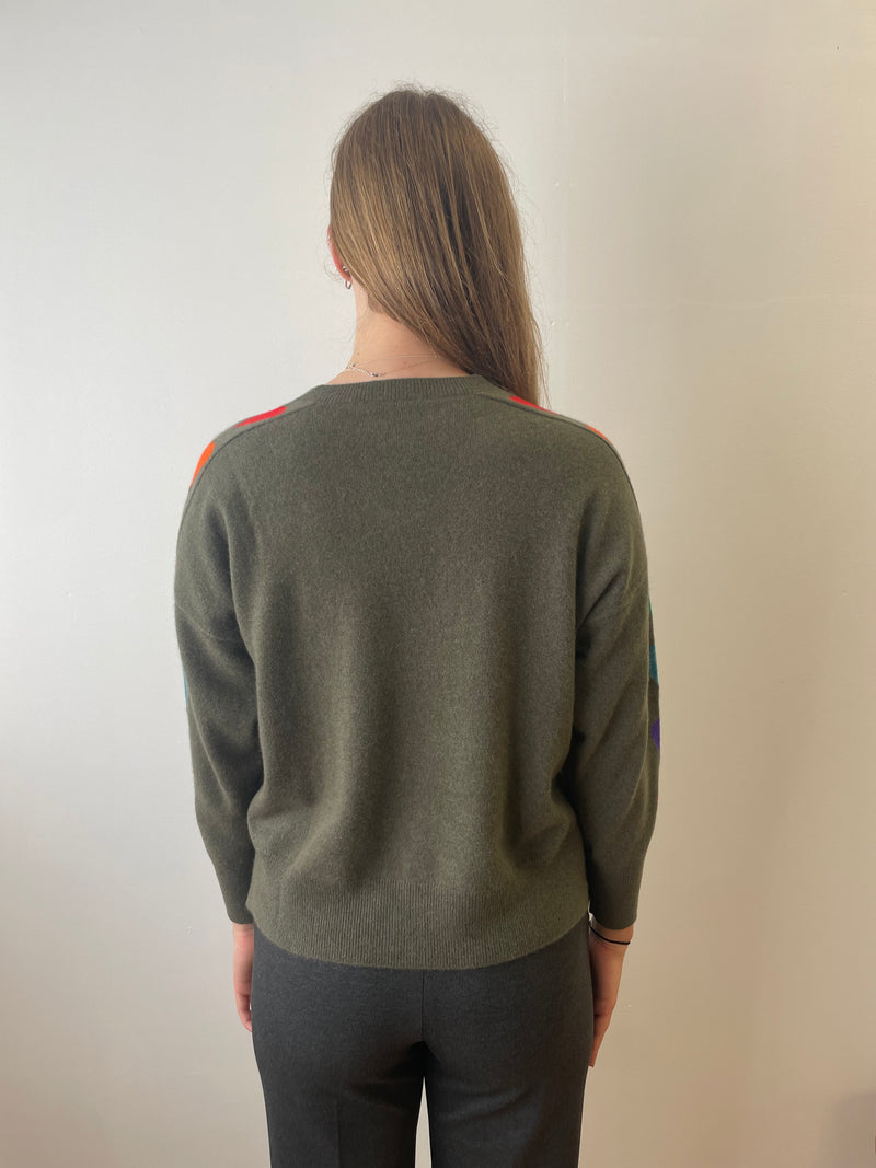 Khaki V-Neck Casmere Jumper with Hearts | Esthēme Cachemire
