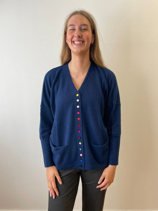 Denim Blue V-Neck Cashmere Cardigan with Velvet Buttons | Esthēme Cachemire