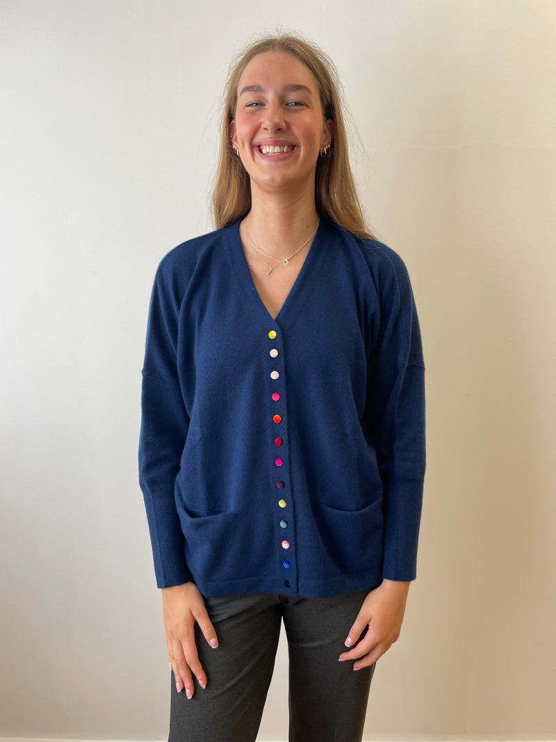 Denim Blue V-Neck Cashmere Cardigan with Velvet Buttons | Esthēme Cachemire
