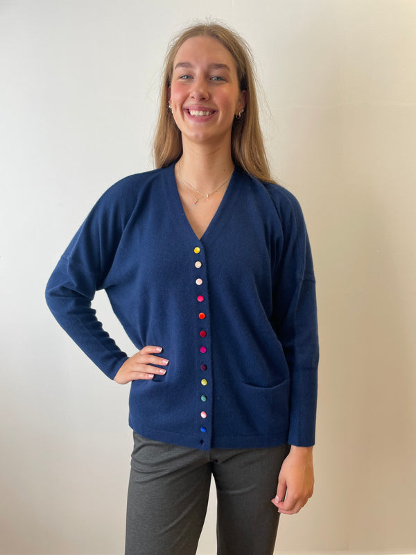 Denim Blue V-Neck Cashmere Cardigan with Velvet Buttons | Esthēme Cachemire
