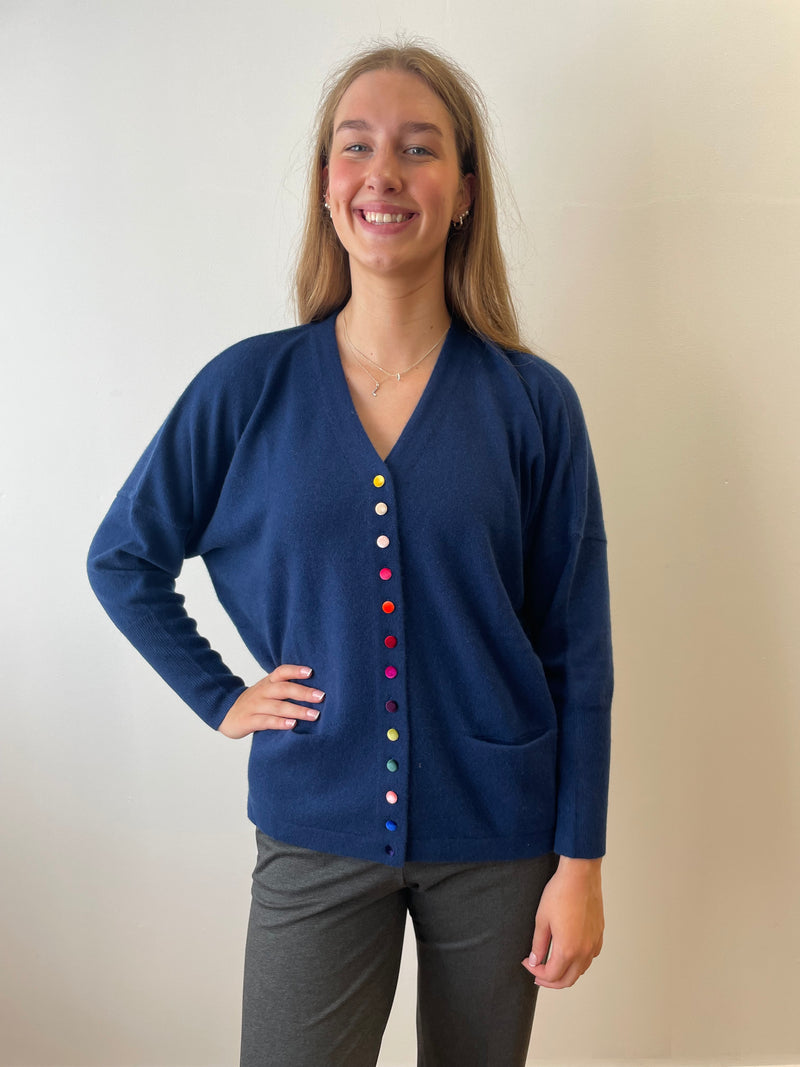 Denim Blue V-Neck Cashmere Cardigan with Velvet Buttons | Esthēme Cachemire