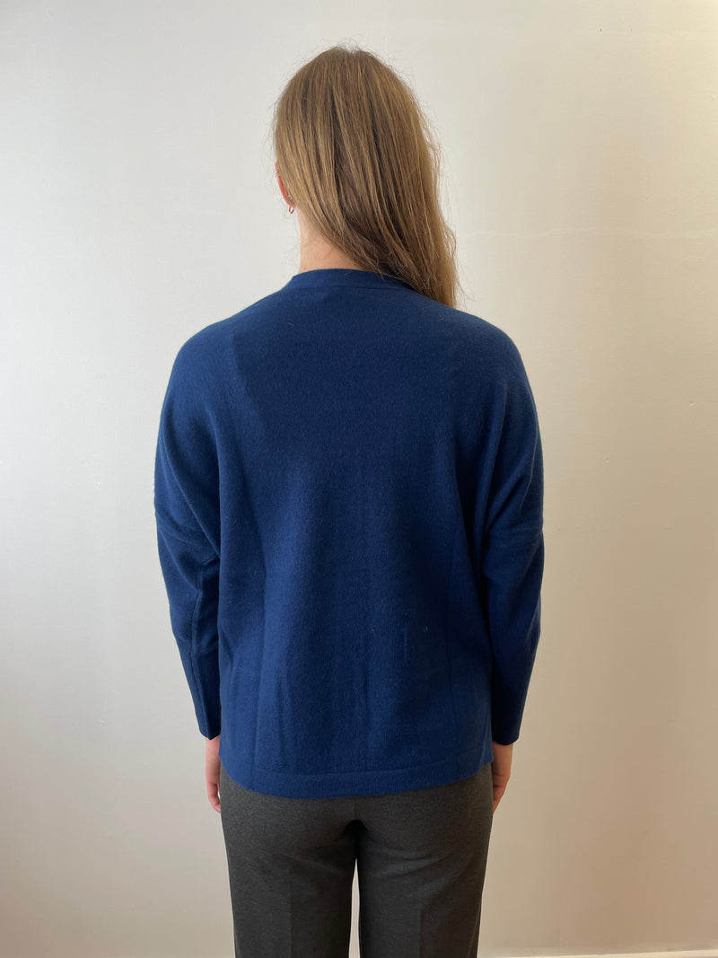 Denim Blue V-Neck Cashmere Cardigan with Velvet Buttons | Esthēme Cachemire