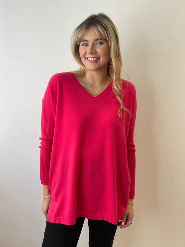 Barbie Pink Relaxed V-Neck Cashmere Jumper | Esthēme Cachemire