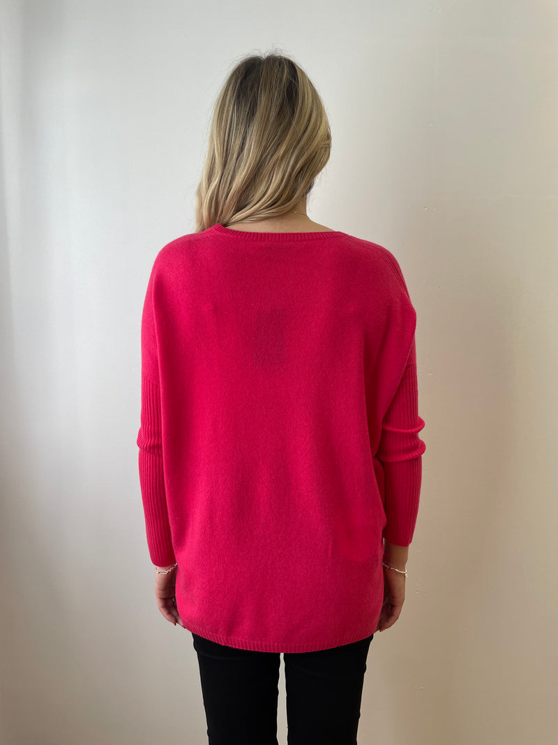 Barbie Pink Relaxed V-Neck Cashmere Jumper | Esthēme Cachemire