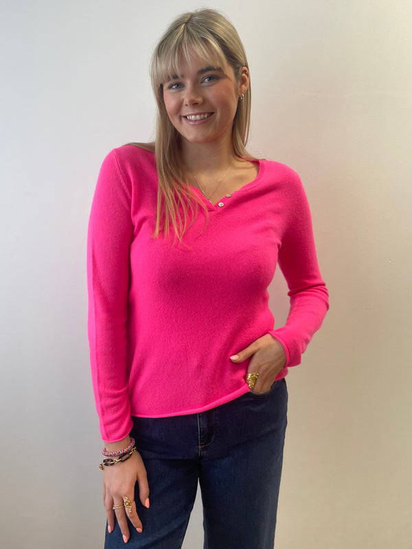 Pink Cashmere Jumper with V Buttons | Esthēme Cachemire