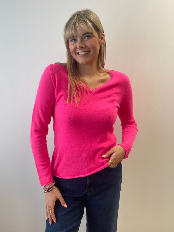 Pink Cashmere Jumper with V Buttons | Esthēme Cachemire